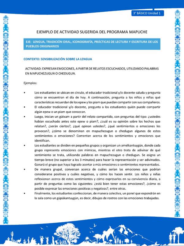 Expresan emociones, a partir de relatos escuchados, utilizando palabras en mapuchezugun o chedugun