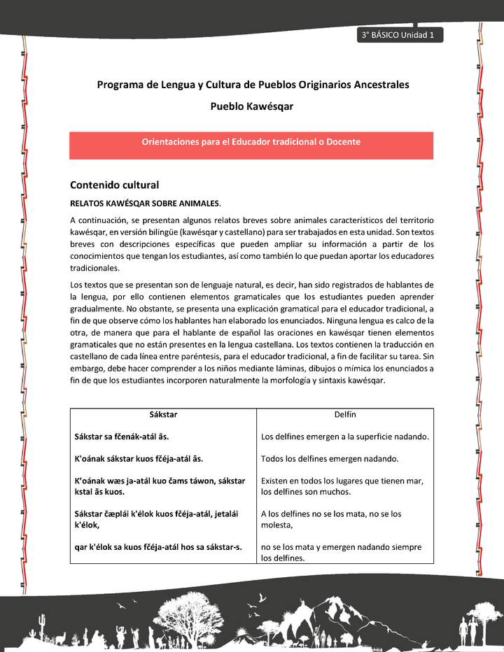 01-Orientaciones al docente - LC03 - Kawésqar - U1 - Contenido Cultural: Relatos kawéskar sobre animales