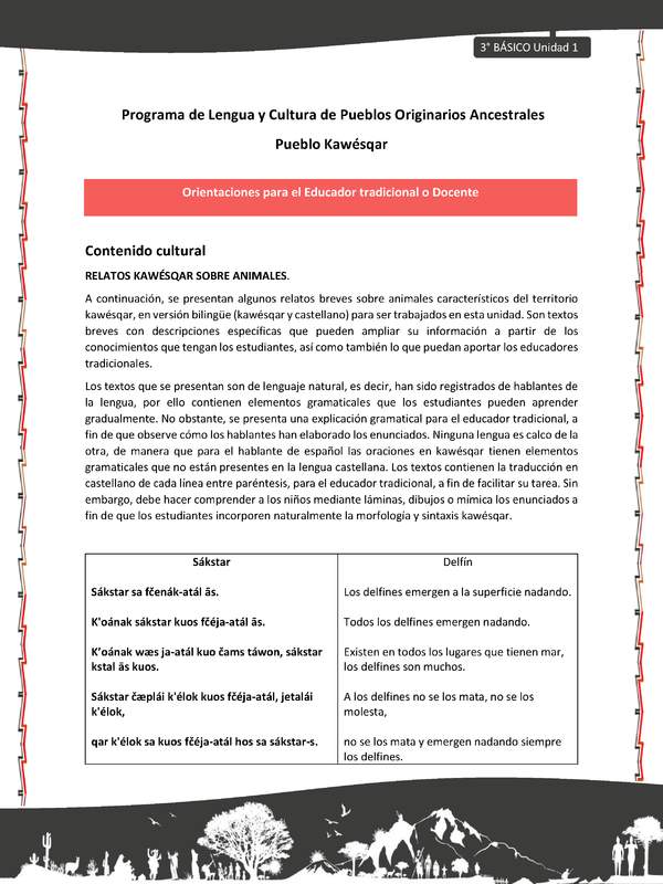 01-Orientaciones al docente - LC03 - Kawésqar - U1 - Contenido Cultural: Relatos kawéskar sobre animales