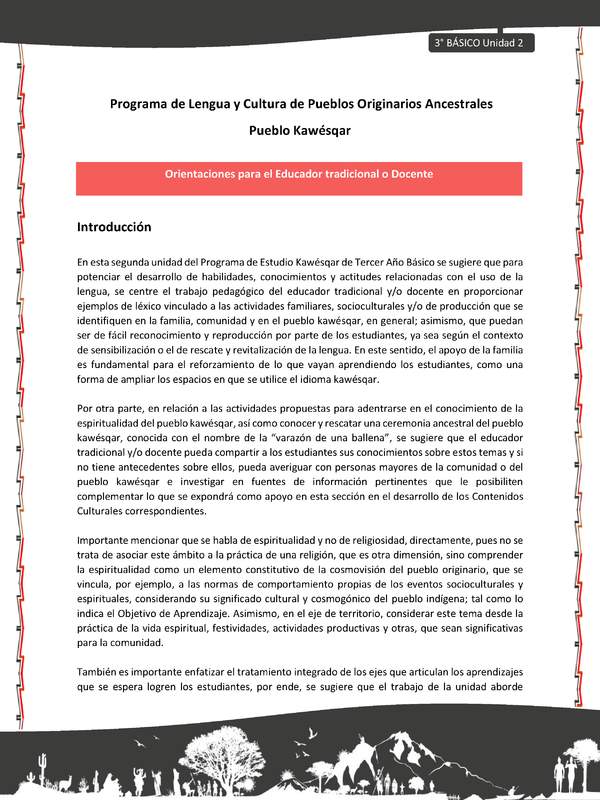 01-Orientaciones al docente - LC03 - Kawésqar - U2 - Orientaciones para el Educador tradicional o Docente: Introducción