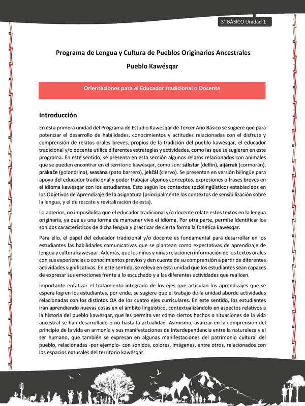01-Orientaciones al docente - LC03 - Kawésqar - U1 -Orientaciones al educador tradicional y/o docente