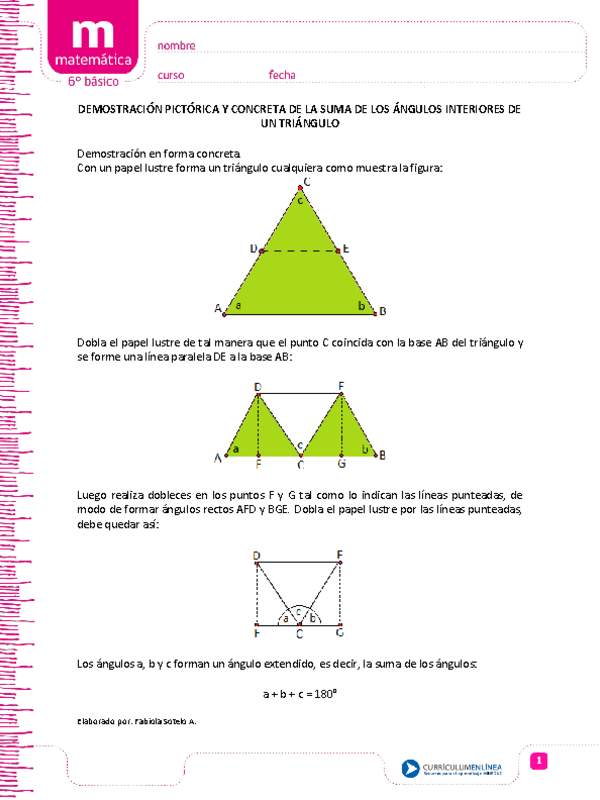 Demostración pictórica y concreta de la suma de los ángulos interiores de un triángulo