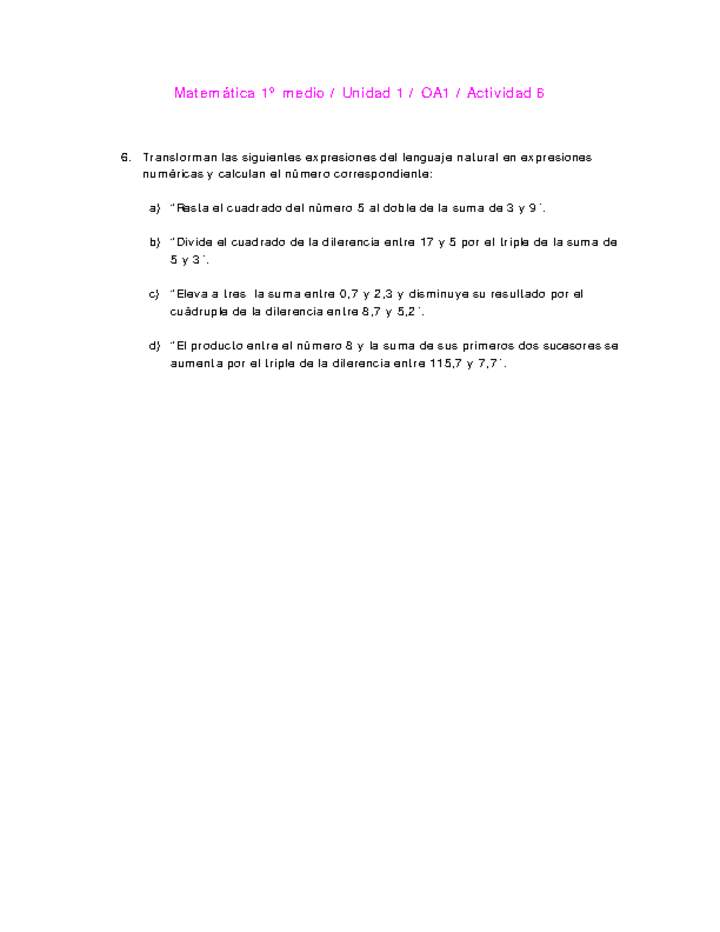 Matemática 1 medio-Unidad 1-OA1-Actividad 6