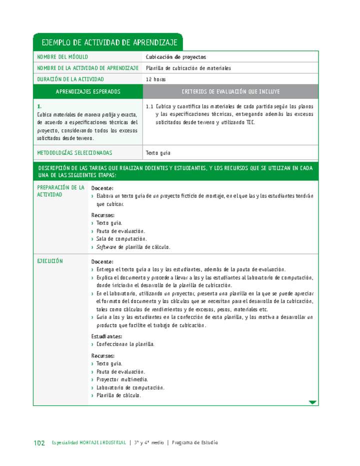 Planilla de cubicación de materiales