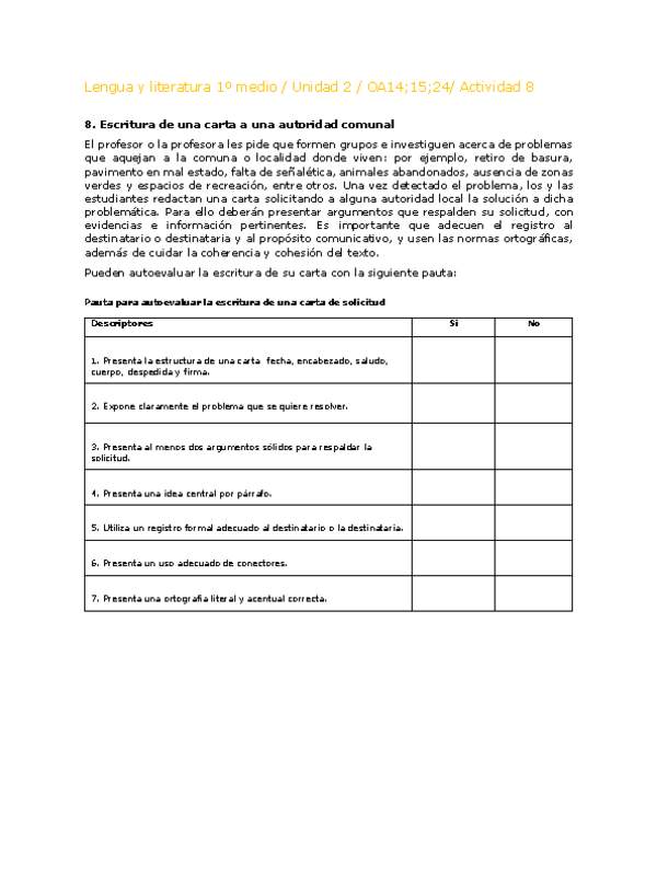 Lengua y Literatura 1 medio-Unidad 2-OA14;15;24-Actividad 8