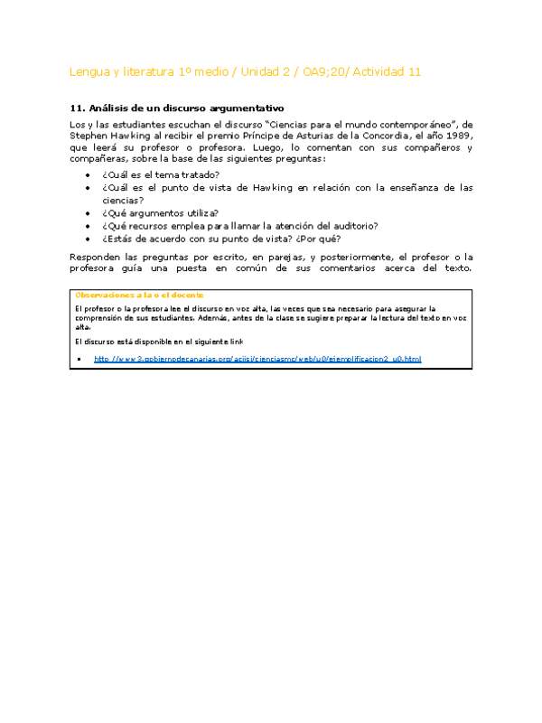 Lengua y Literatura 1 medio-Unidad 2-OA9;20-Actividad 11