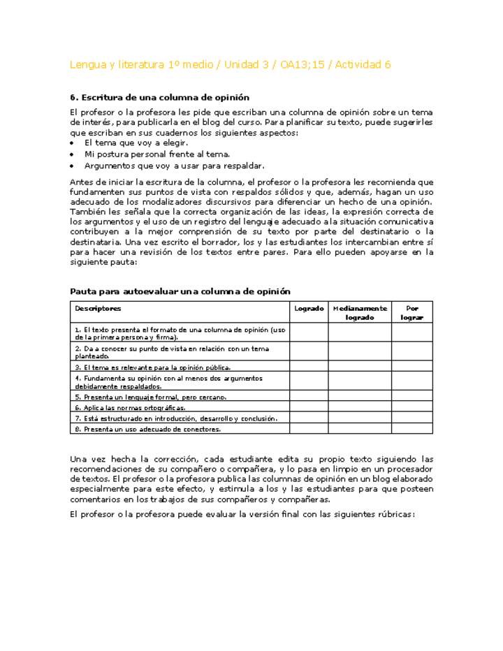 Lengua y Literatura 1 medio-Unidad 4-OA13;15-Actividad 6