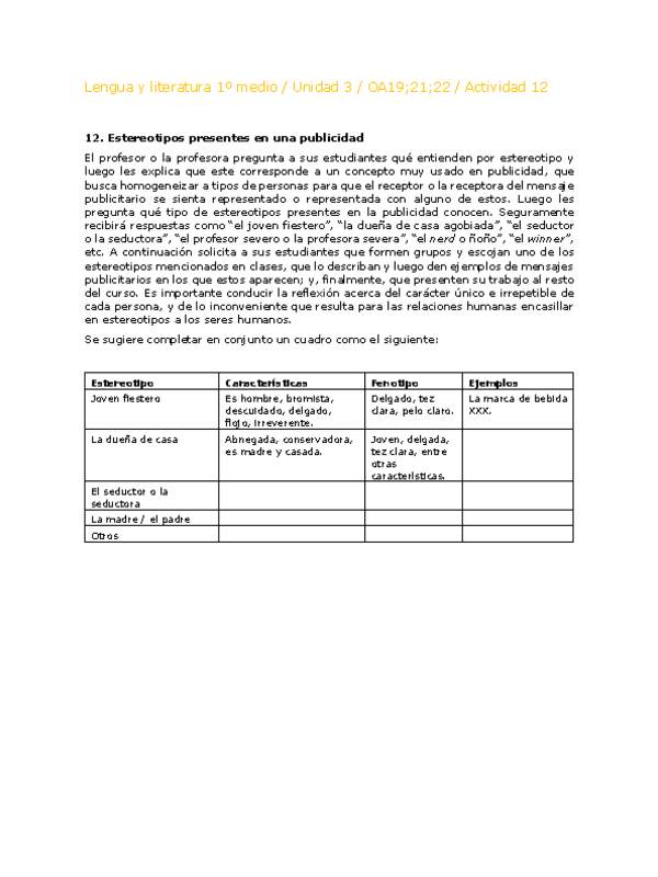 Lengua y Literatura 1 medio-Unidad 4-OA19;21;22-Actividad 12