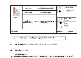 Guía de trabajo del estudiante Electricidad básica, efectos de la corriente eléctrica