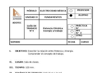 Guía de trabajo del estudiante Electricidad básica, potencia eléctrica, energía y trabajo