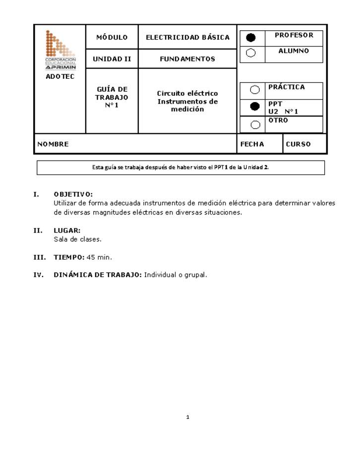 Guía de trabajo del docente electricidad básica, circuito eléctrico e instrumentos de medición.