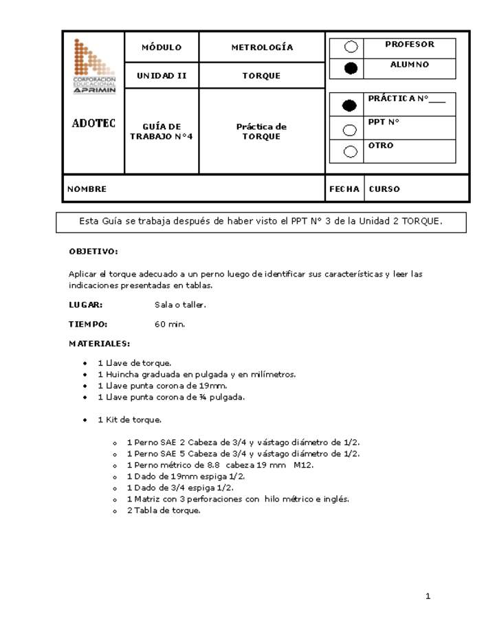 Guía de trabajo del estudiante Metrología, práctica de torque