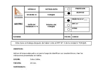 Guía de trabajo del estudiante Metrología, práctica de torque