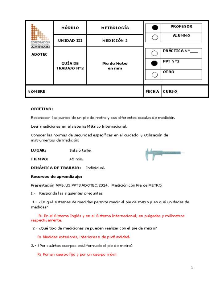 Guía de trabajo del docente Metrología, pie de metro en milímetros