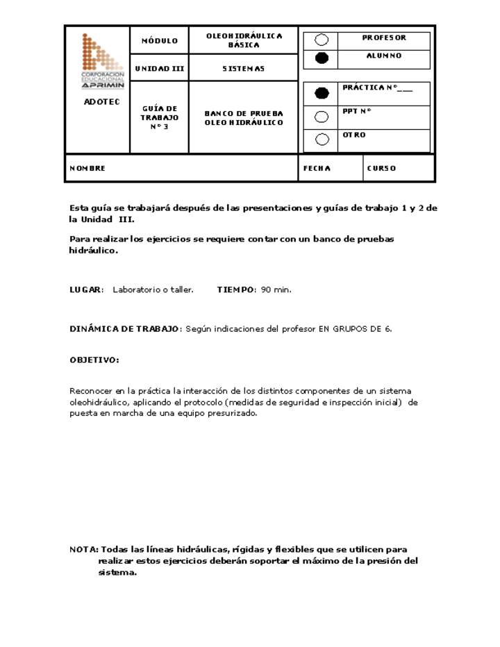 Guía de trabajo del estudiante Oleo-hidráulica, banco de prueba oleo-hidráulico