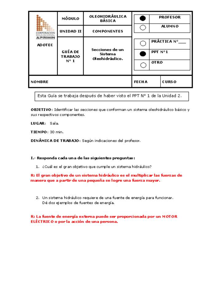 Guía de trabajo del docente Oleo-hidráulica, secciones de un sistema oleo-hidráulico.