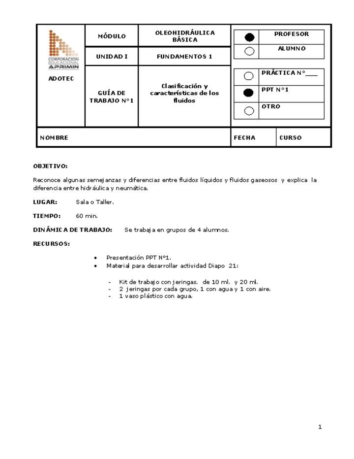 Guía de trabajo del docente Oleo-hidráulica, clasificación y características de los fluidos.