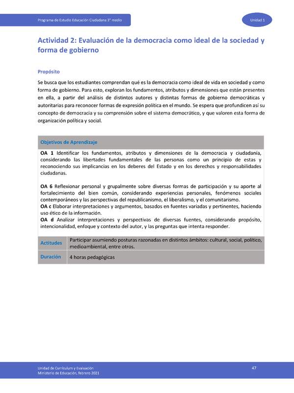 Actividad 2: Evaluación de la democracia como ideal de la sociedad y forma de gobierno