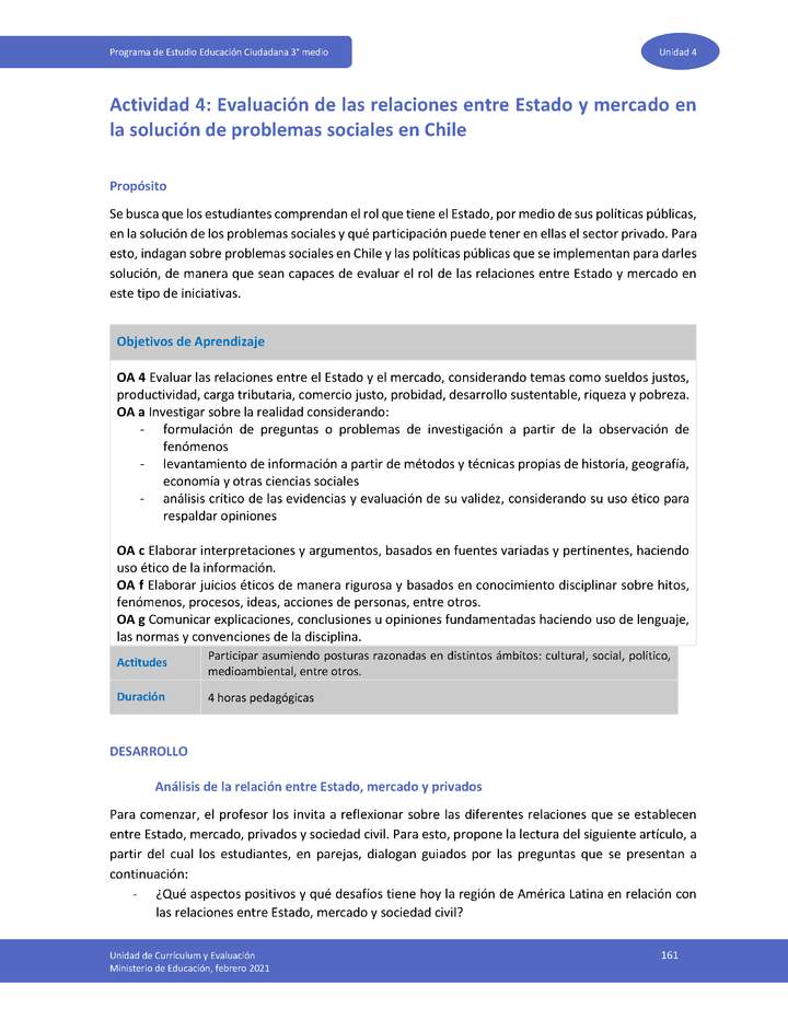 Actividad 4: Evaluación de las relaciones entre Estado y mercado en la solución de problemas sociales en Chile