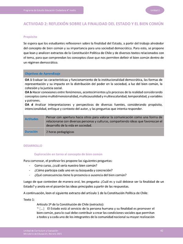 Actividad 2: Reflexión sobre la finalidad del Estado y el bien común