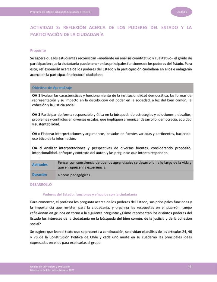 Actividad 3: Reflexión acerca de los poderes del Estado y la participación de la ciudadanía