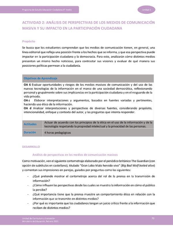 Actividad 2: Análisis de perspectivas de los medios de comunicación masiva y su impacto en la participación ciudadana