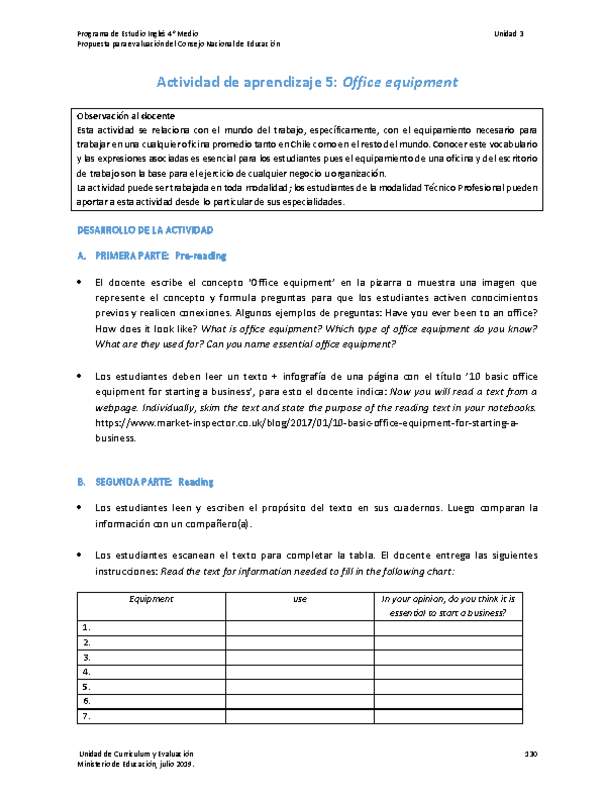 Actividad de aprendizaje 5: Office equipment