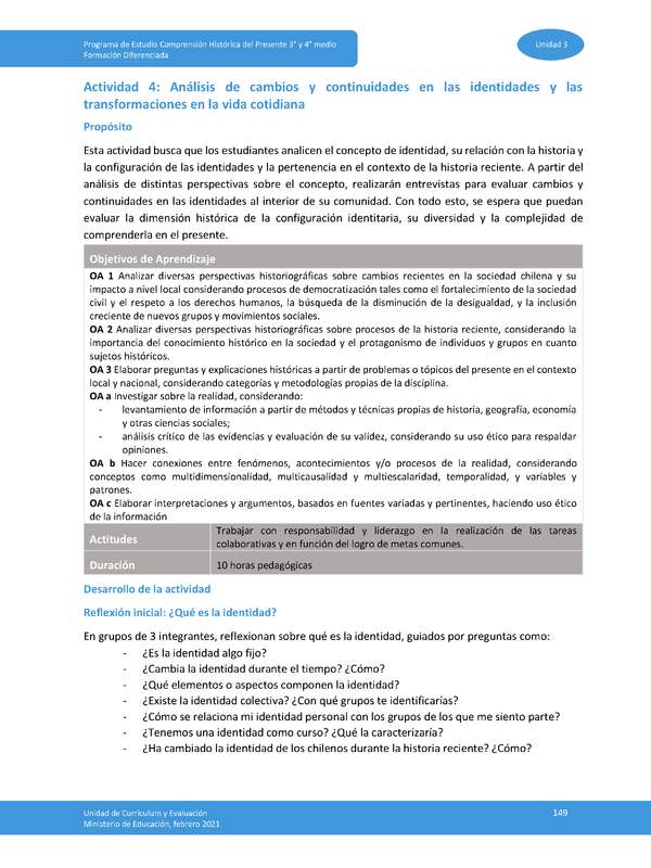 Actividad 4: Análisis de cambios y continuidades en las identidades y las transformaciones en la vida cotidiana