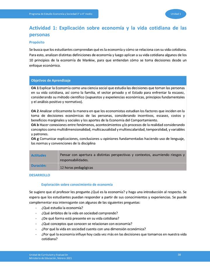 Actividad 1: Explicación sobre economía y la vida cotidiana de las personas