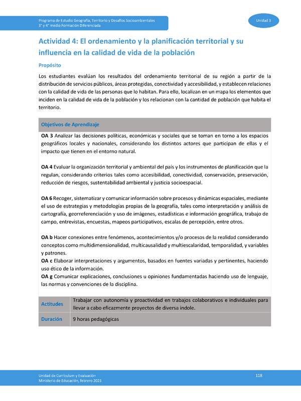 Actividad 4: El ordenamiento y la planificación territorial y su influencia la calidad de vida de la población