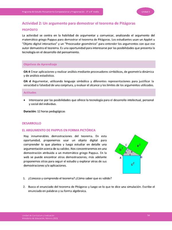 Actividad 2: Un argumento para demostrar el Teorema de Pitágoras