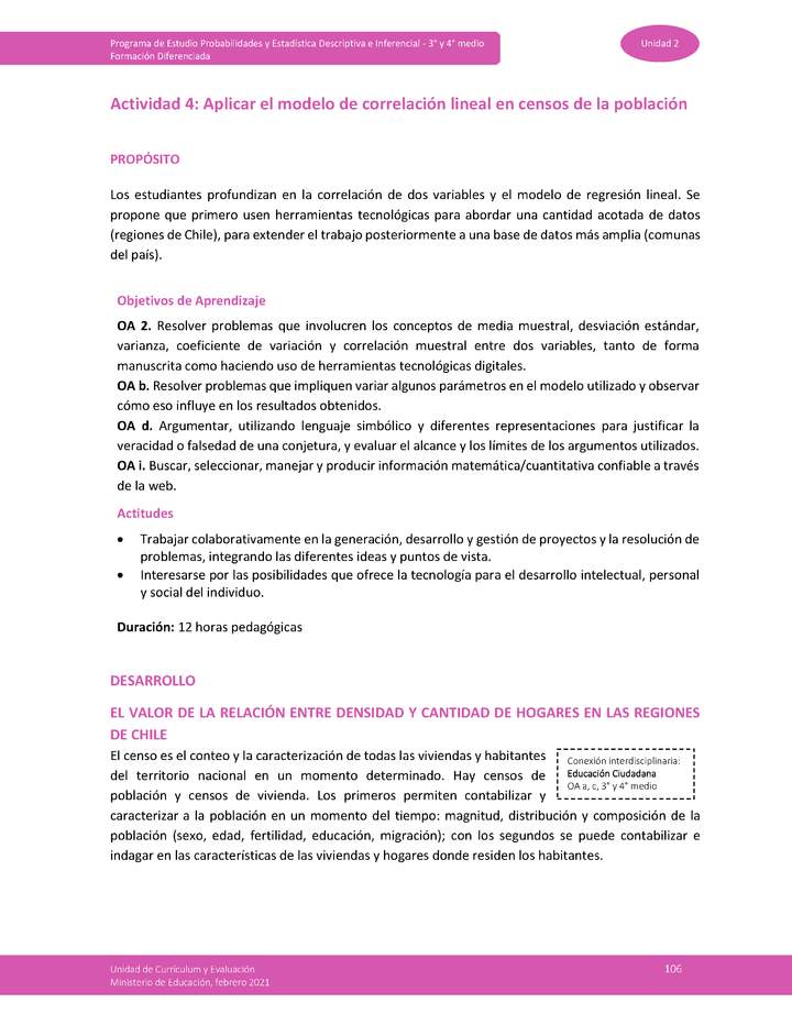 Actividad 4: Aplicar el modelo de correlación lineal en censos de la población