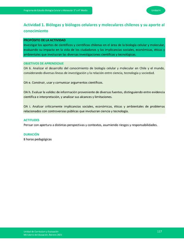 Actividad 1: Biólogas y biólogos celulares y moleculares chilenos y su aporte al conocimiento