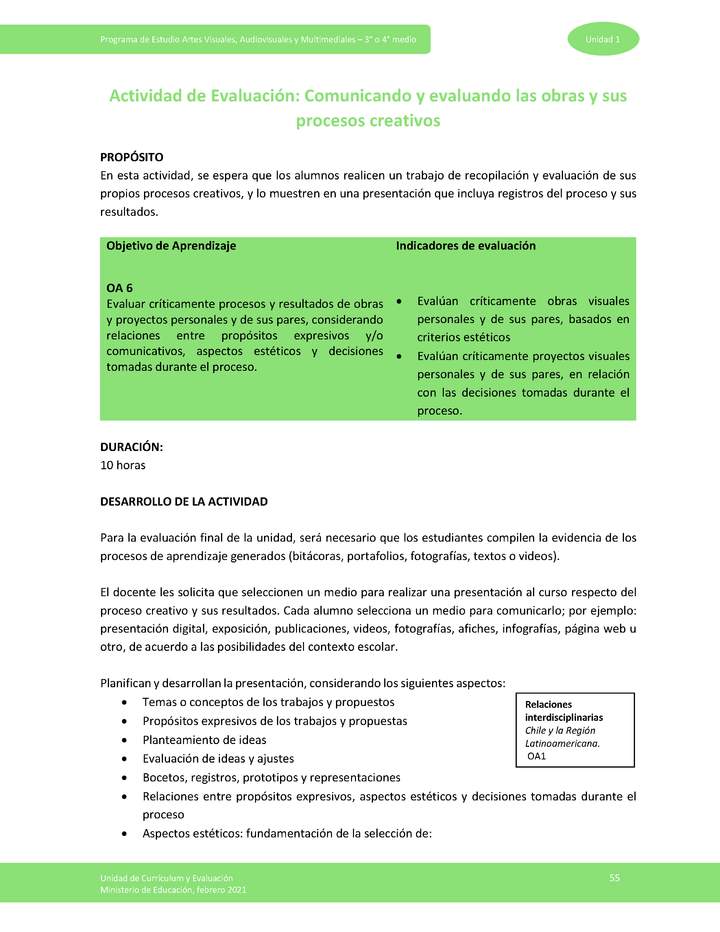 Actividad de evaluación: Comunicando y evaluando las obras y sus procesos creativos