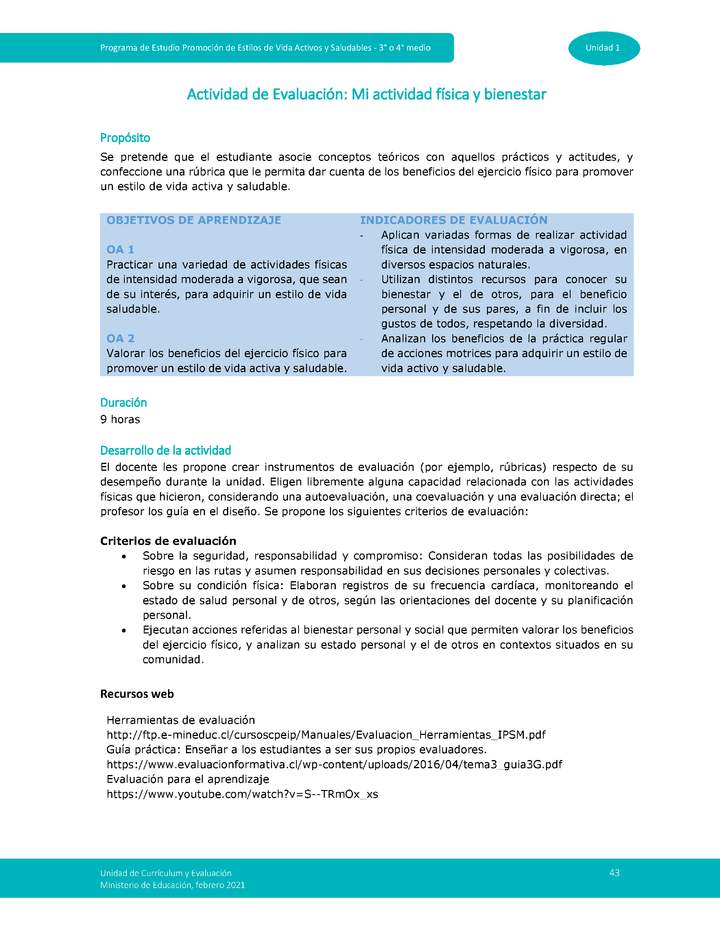 Actividad de evaluación Unidad 1: Mi actividad física y bienestar