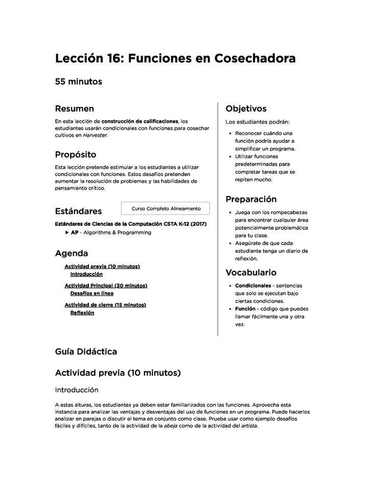 Lección 16: Funciones en Cosechadora