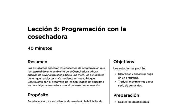 Lección 5: Programación con la cosechadora