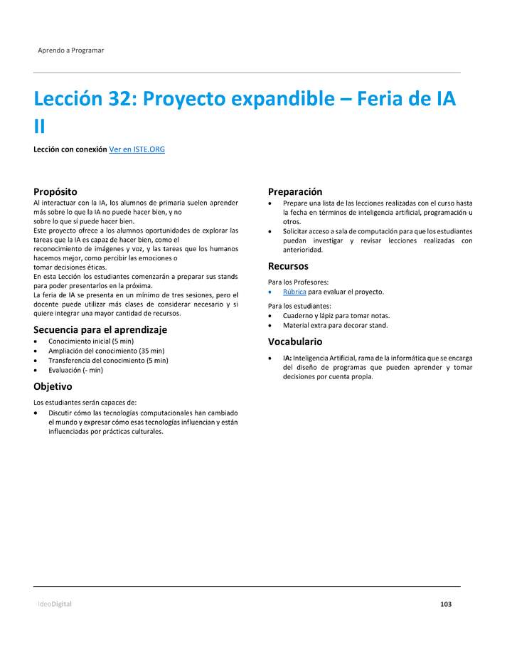 Unidad 4 - Lección 32: Proyecto expandible – Feria de IA II