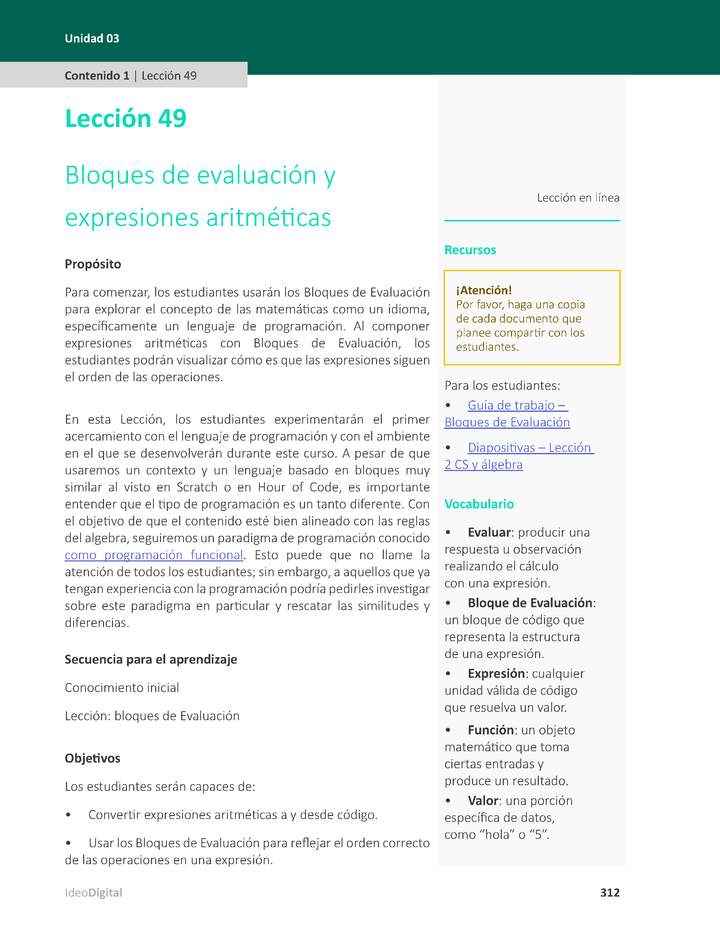 Unidad 3 - Lección 49: Bloques de evaluación y expresiones aritméticas