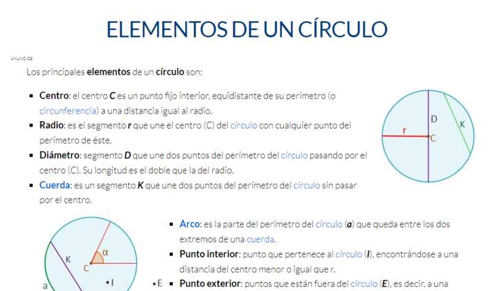 Universo formulas: elementos de un círculo