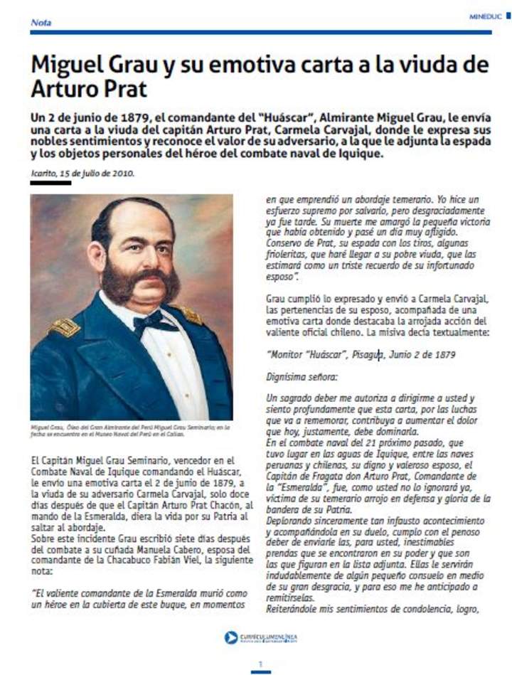 Miguel Grau y su emotiva carta a la viuda de Arturo Prat