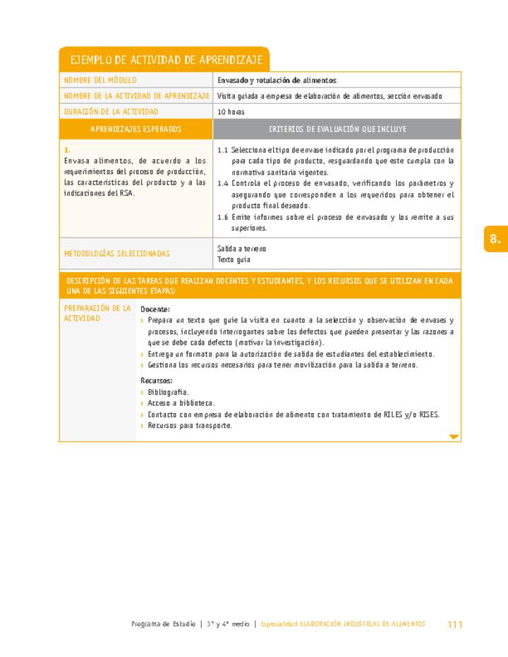 Visita guiada a empresa de elaboración de alimentos, sección envasado