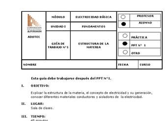 Guía de trabajo del estudiante Electricidad básica, estructura de la materia.