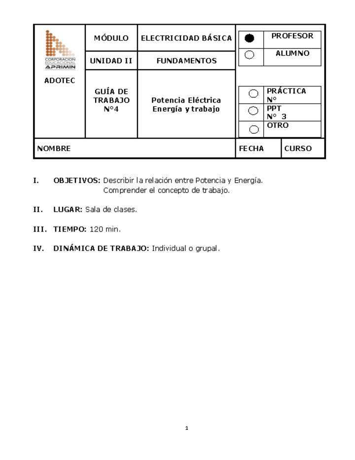 Guía de trabajo del docente Electricidad básica, potencia eléctrica, energía y trabajo