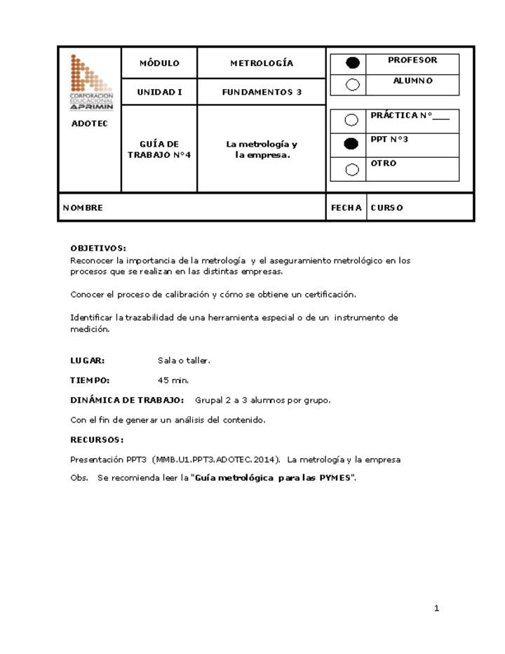 Guía de trabajo del docente Metrología en la empresa