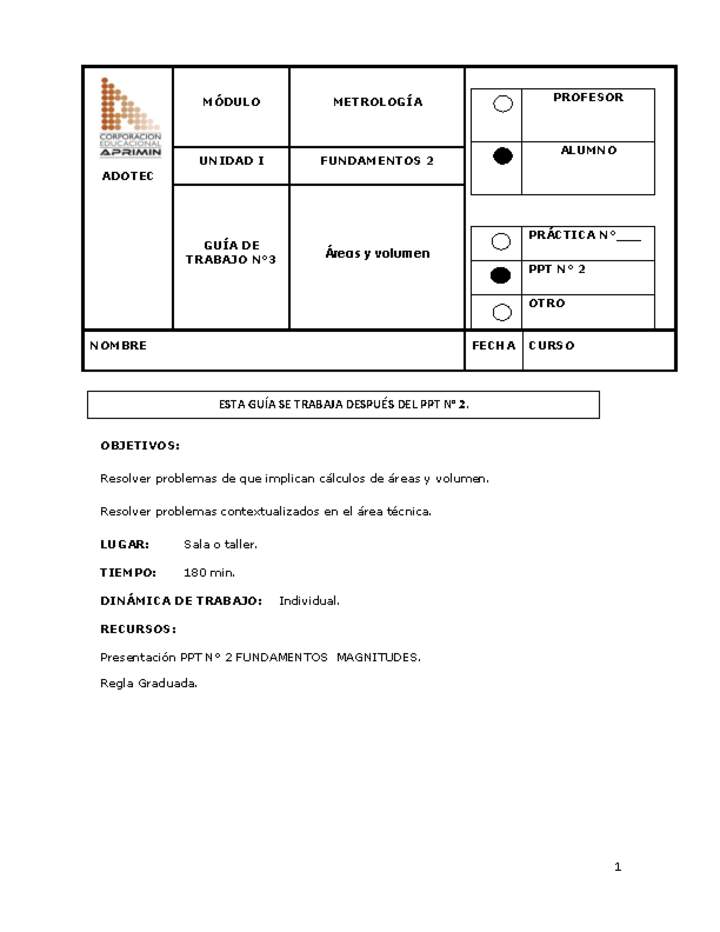 Guía de trabajo del estudiante Metrología, áreas y volumen