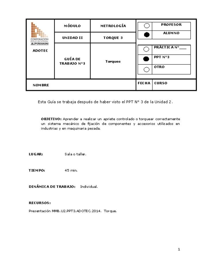 Guía de trabajo del estudiante Metrología, torques