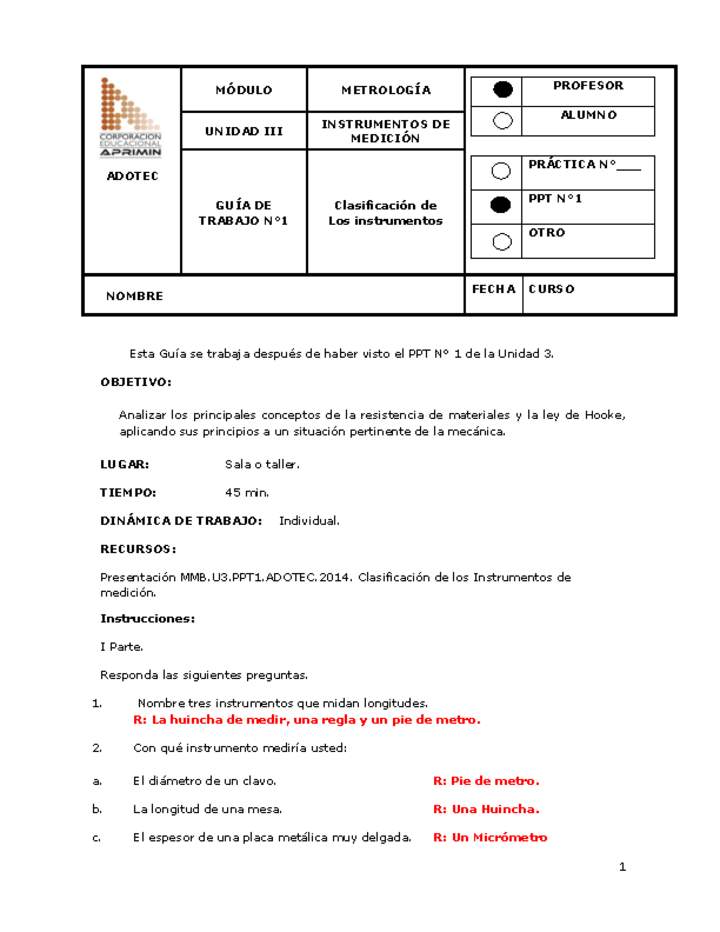 Guía de trabajo del docente Metrología, clasificación de los instrumentos