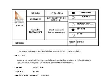 Guía de trabajo del docente Metrología, clasificación de los instrumentos