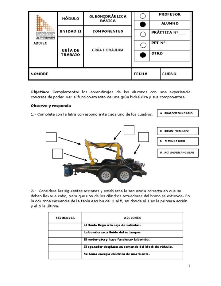 Guía de trabajo del estudiante Oleo-hidráulica, grúa hidráulica.